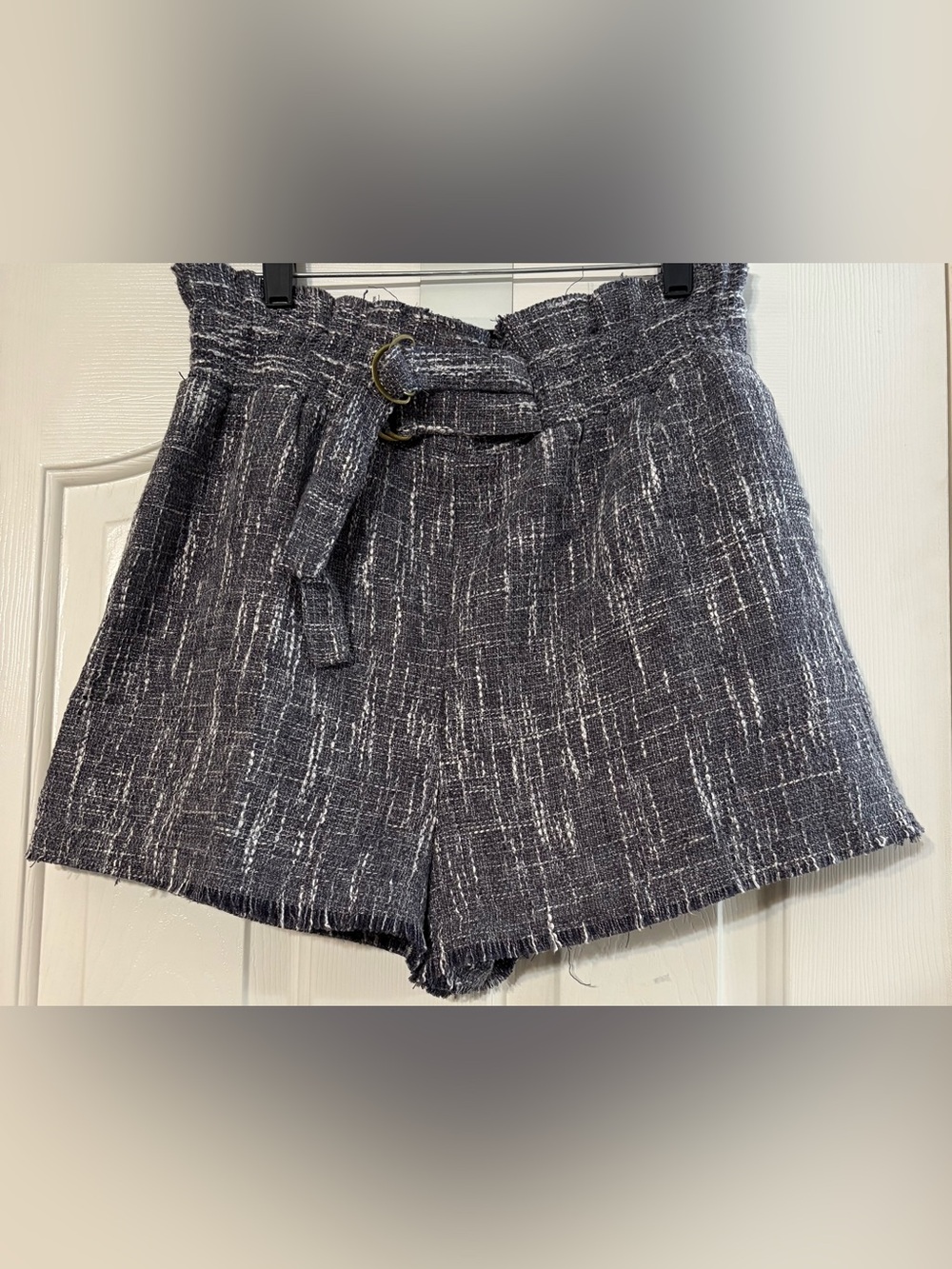Umgee Black & White Tweed High-Waist Paperbag Shorts